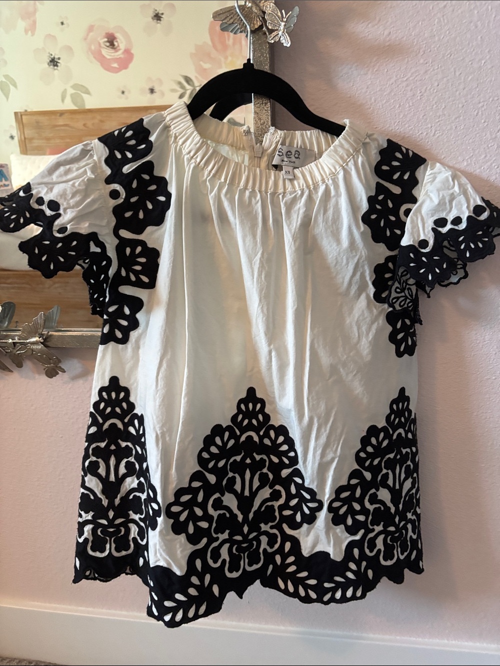 Sea New York White Cotton Top with Black Cutwork Embroidery